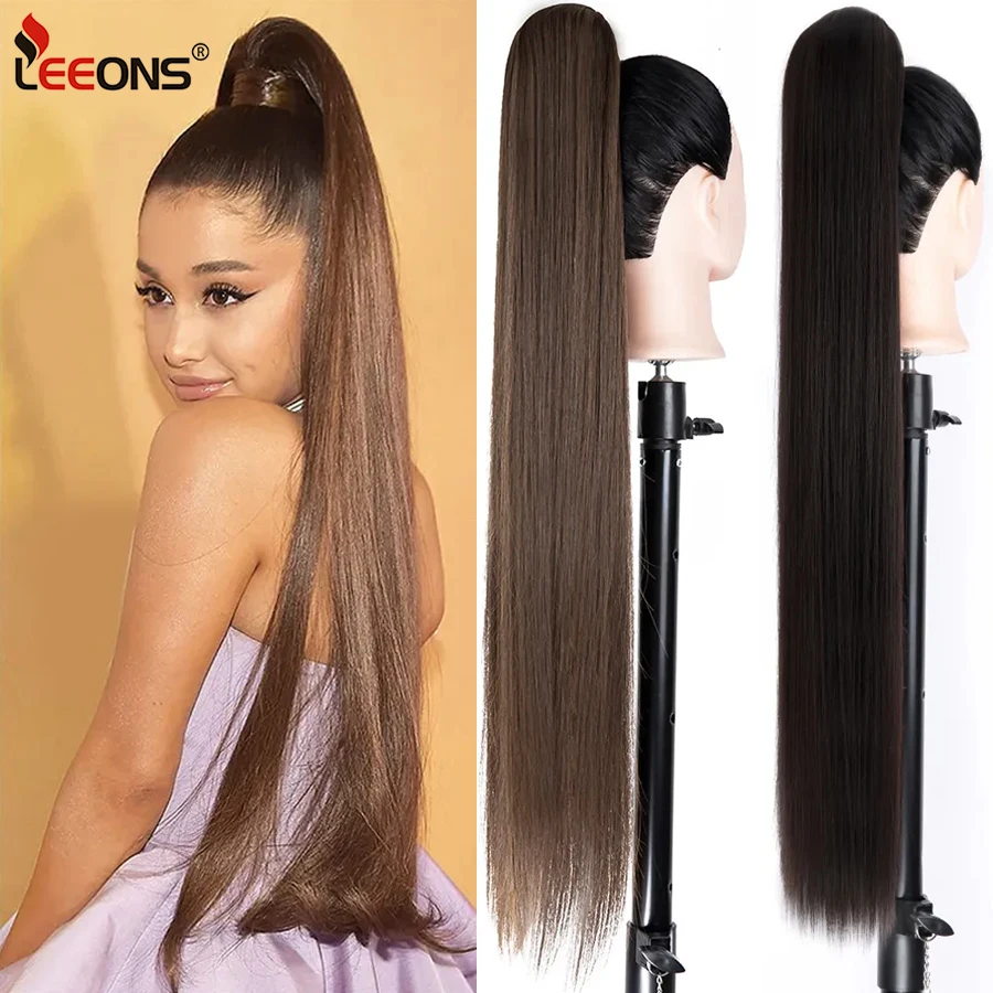 Leeons 85Cm 33Inch Long Straight Ponytail Hairpieces For Women Hairstyles Synthetic Fake Ponytail Wrap Around Clip In Horse Tail