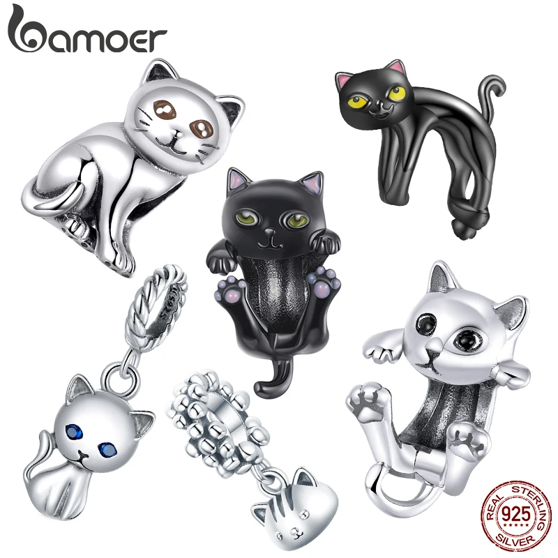 Bamoer 100% 925 Perak Murni Seri Kucing Jimat Lucu Cocok Gelang Wanita & Gelang Manik-manik Asli DIY Membuat Perhiasan Bagus