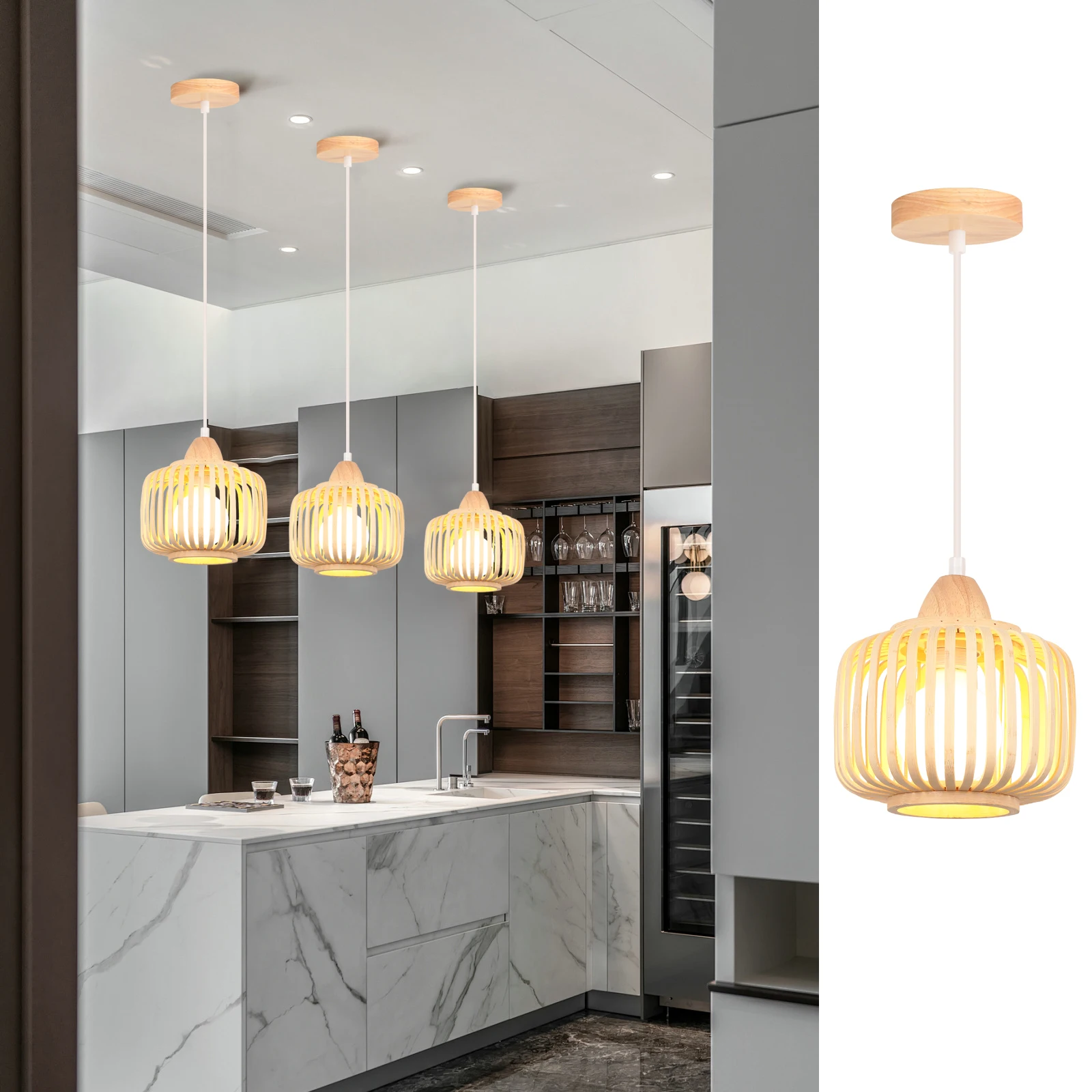 

Japanese-Style Minimalist Wooden Strip Woven Pendant Light For Kitchen Bar Counter Creative Lighting Fixture