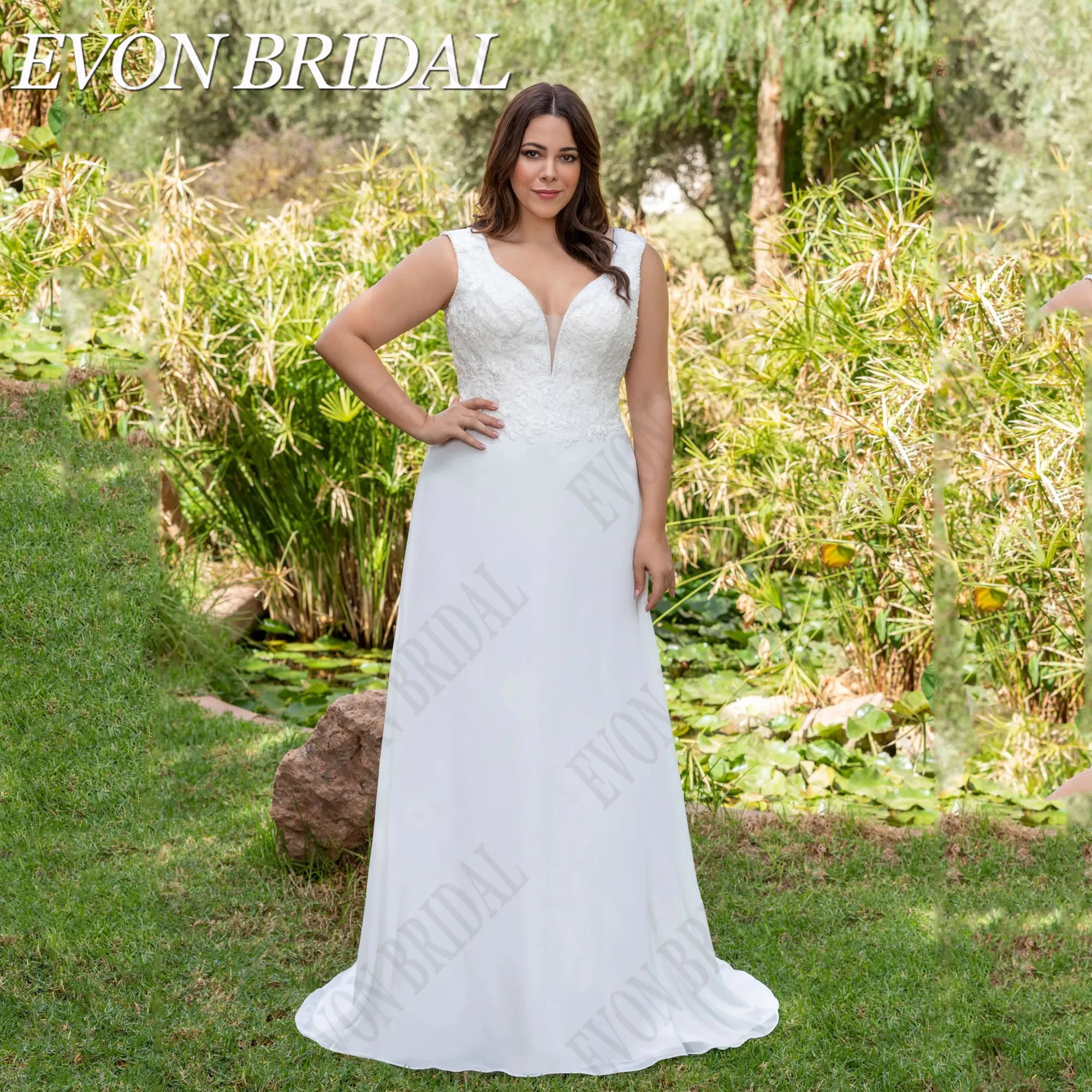 

EVON BRIDAL Oversize Wedding Dresses For Woman V-Neck Sleeveless A-Line Bride Gowns Chiffon Appique Civil Robe De Mariée 2024