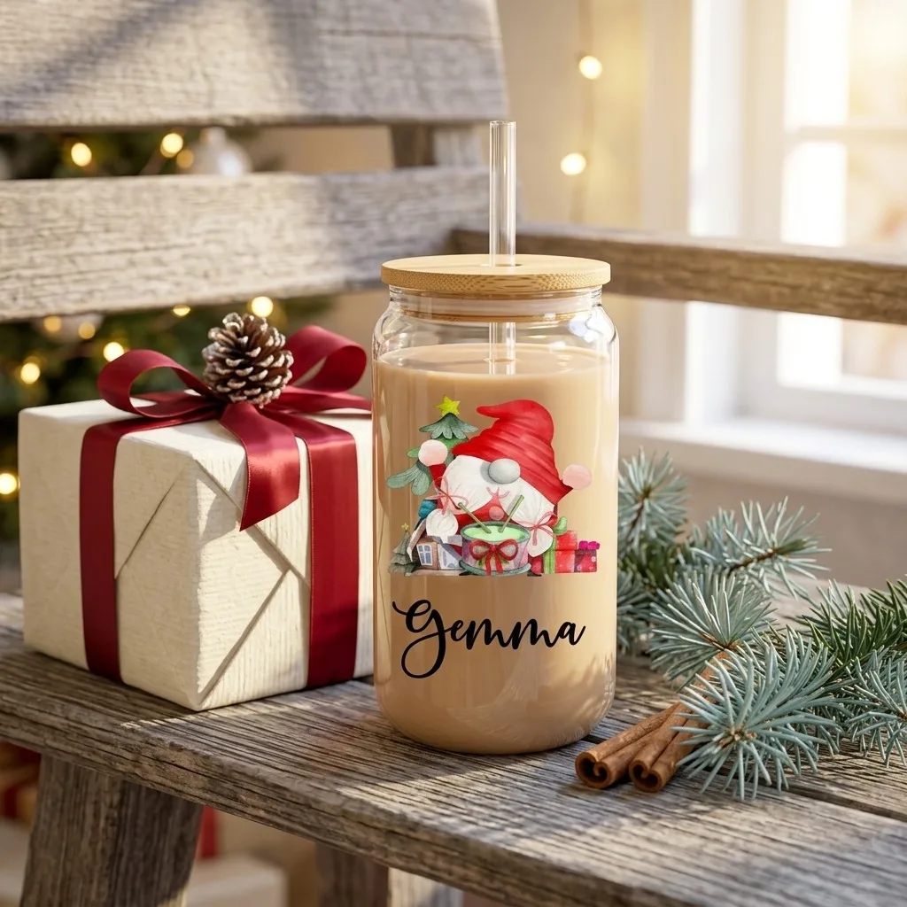 2026 New Custom Name Santa Claus Glass Tumbler 16oz Christmas Iced Coffee Cup Bamboo Lid Straw Xmas Gift for Family Friends.