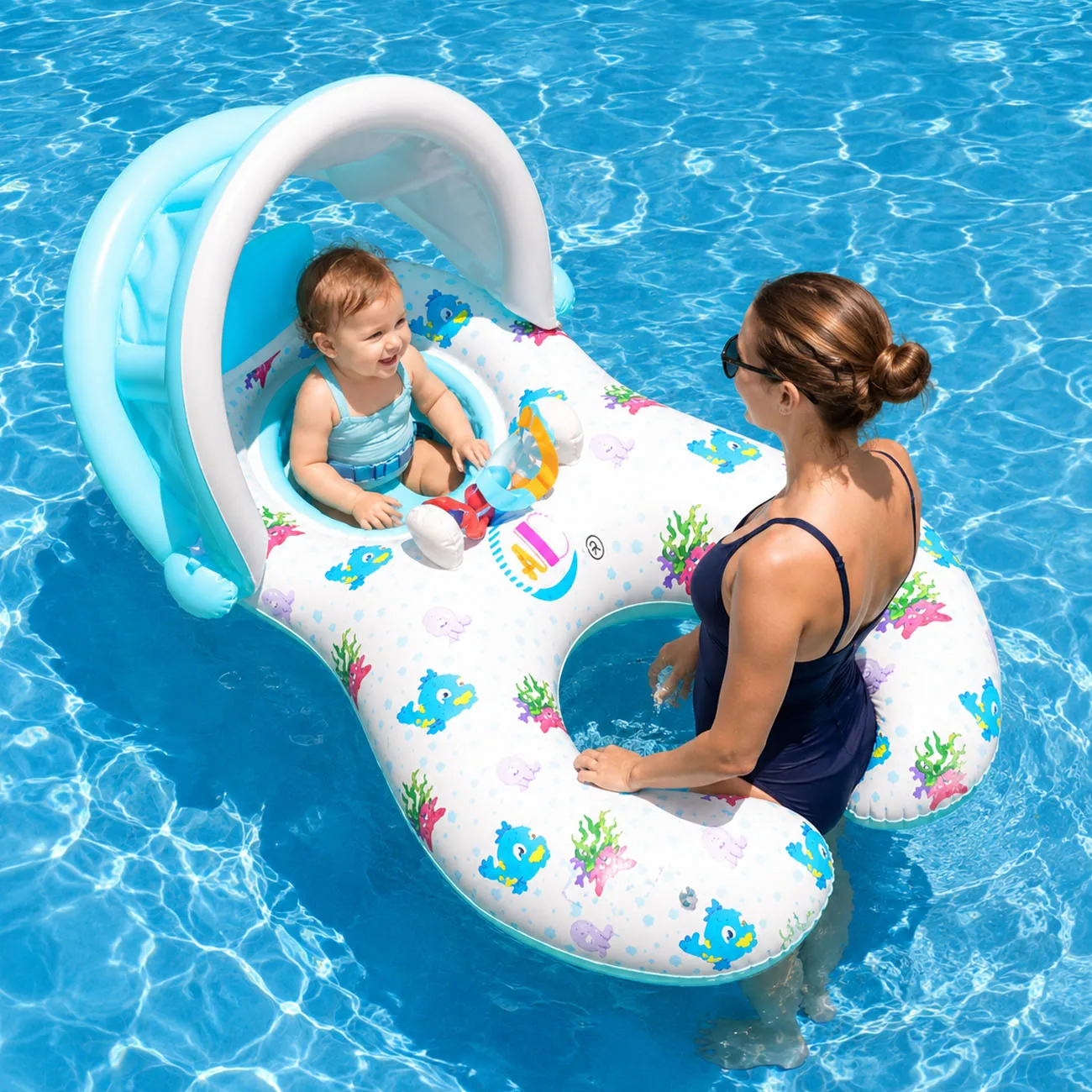 1PC Inflatable Pool Float Dual Seat Swim Ring with Backrest Sun Canopy and Interactive Toy, Large Summer Water Lounge for Pool
