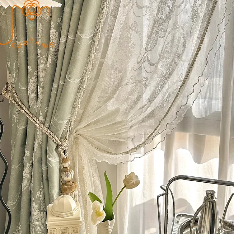 Mintgrün Vintage Jacquard Relief Court Schnee neil Perle Spitze Vorhänge für Wohnzimmer Schlafzimmer