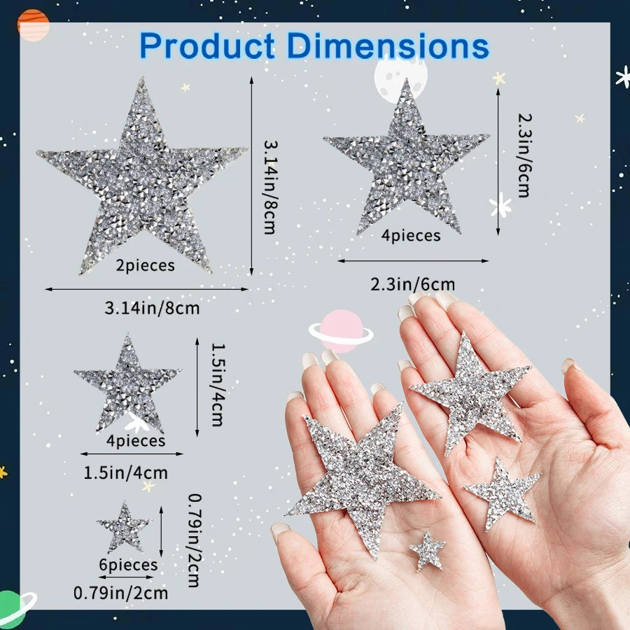 16Pcs 4Size Star Iron On Patch Silver Star Patch Iron Glitter Star Patch Star Shape Applique Patch Iron On Rhinestones Garment Jeans Shoes Bag Hat