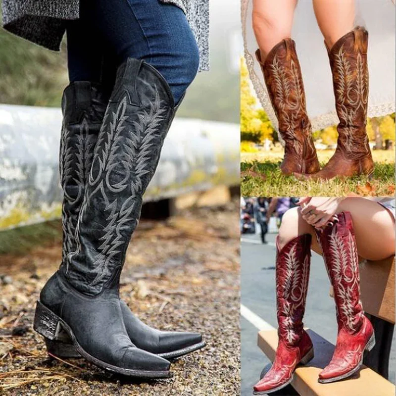 Damskie buty do kolan średnie buty na obcasie okrągłe Toe buty etyczne kobieta Chaussure Zapatos Mujer Gladiator Vintage PU Girl Booties89 — zdjęcie 2