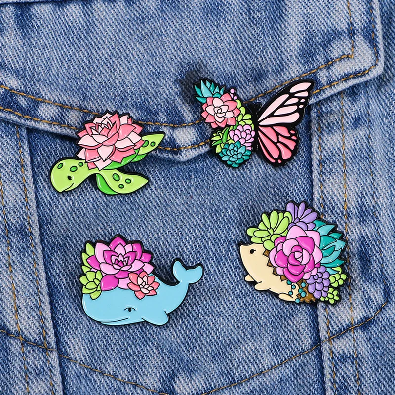 Cute Succulent Plant Enamel Brooch Cartoon Colorful Animal Butterfly Turtle Hedgehog Whale Badge Spring Summer Lapel Pin