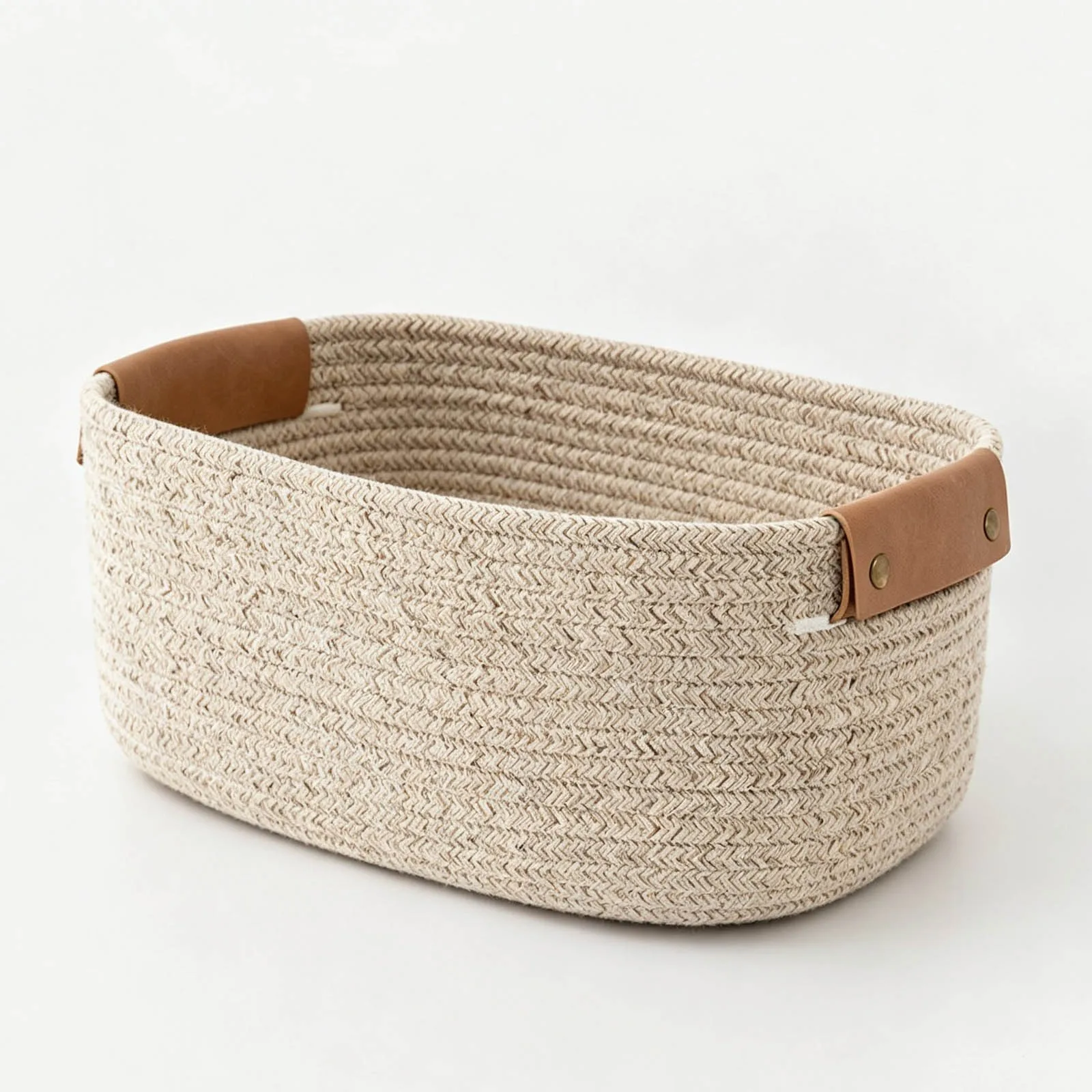 Opbergmand, witte wasmand, kastorganizer, mand voor babyspeelgoed, cadeaumand voor vrouwen, plank, mand, gevlochten katoenen mand met leren handvat, 38 x 12,5 cm, lichtbruin