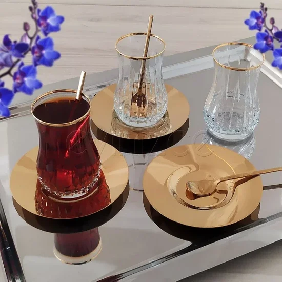 Eva Golden Lisbon Cut Decor Tea Set with Steel Plate -6 Persons