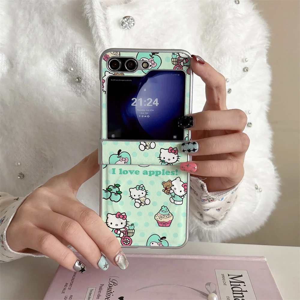 

INS Fengqing Apple HelloKitty PU leather case suitable for Samsung Galaxy Z Flip 7/6/5/4 Flip 5 Flip 6 Flip 4 Fro magnetic versi