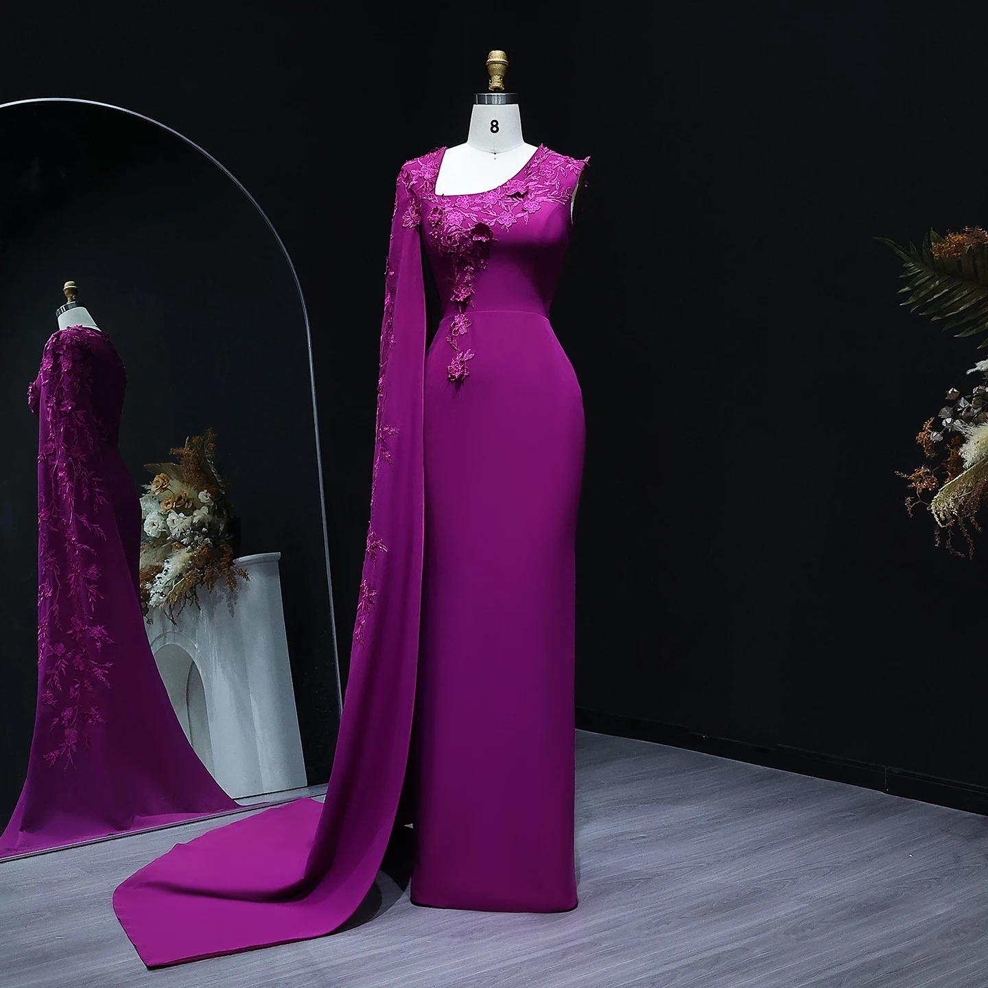 シャロンはドバイ紫ワンショルダーアラビア語 3D 花ケープスリーブ女性のウェディングパーティードレス SF105 カスタマイズ