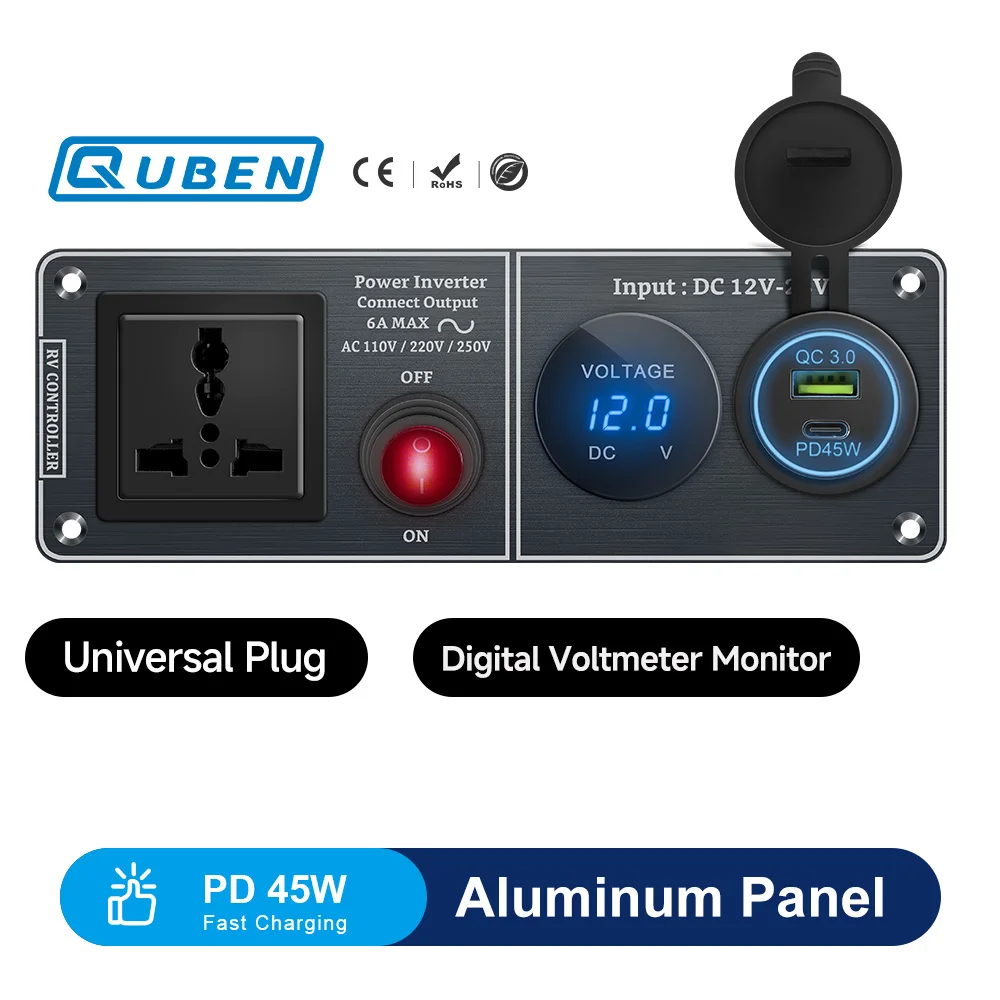 Aluminum Car Dashboard Panel with Voltage Display /45W USB PD Fast Charger, Universal Socket for SUV Truck Van Auto Modification