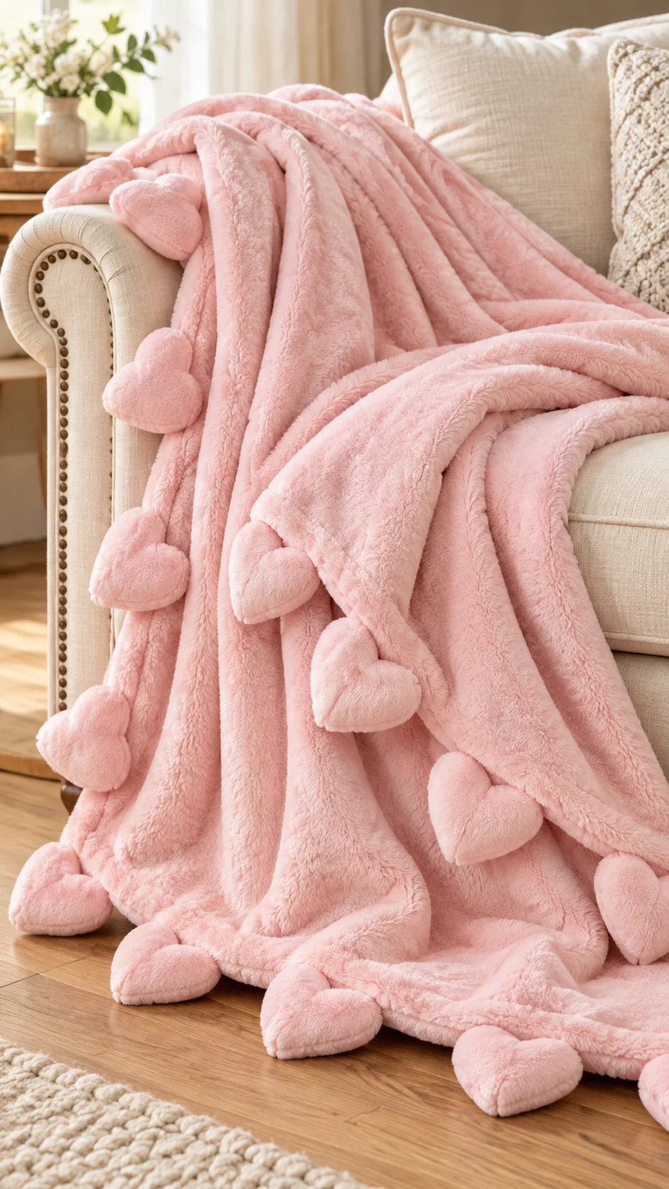 Zachte, pluche deken met 3D-decoratieve hartjes, 130 x 160 cm, voor op de bank en het bed.