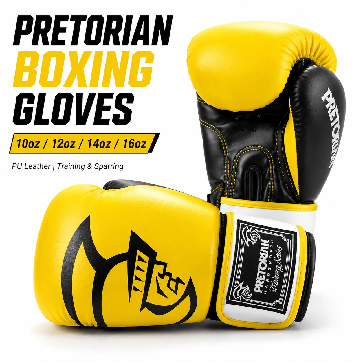 PRETORIAN Yellow Boxing Gloves 10oz 12oz 14oz 16oz PU Leather Muay Thai Kickboxing MMA Heavy Bag Sparring Gloves for Men Women