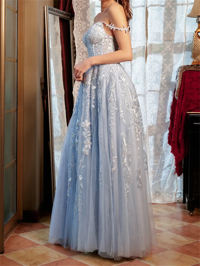 Fairy A-Line Sweetheart Tulle Long Prom Dresses With Appliques Sweet Evening Formal Dress Party Gown For Spscial Occasions