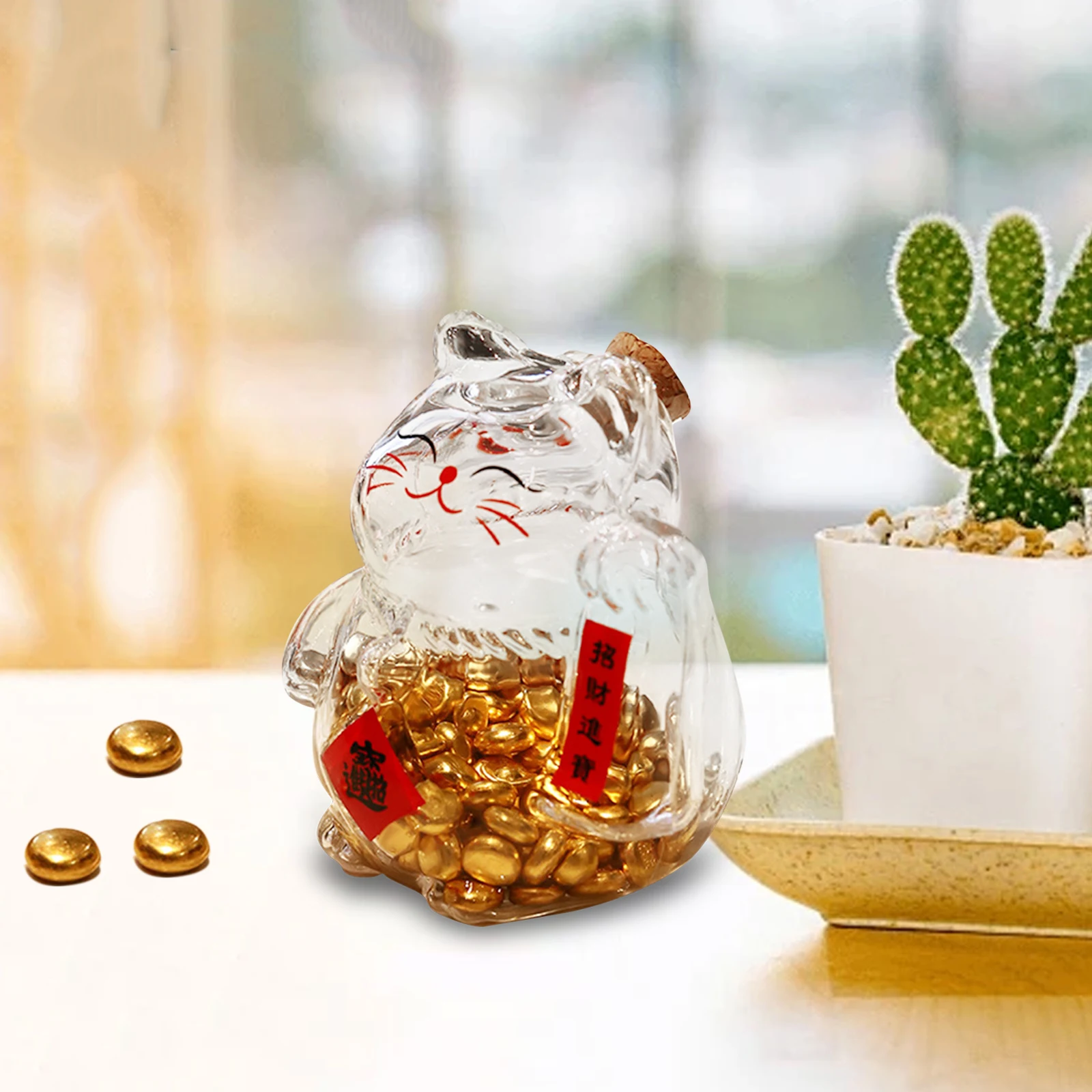 Clear Glass Piggy Bank Collectible Sculpture for Office Tabletop Living Room Decorative Cat Shaped Jar Accent Display Office