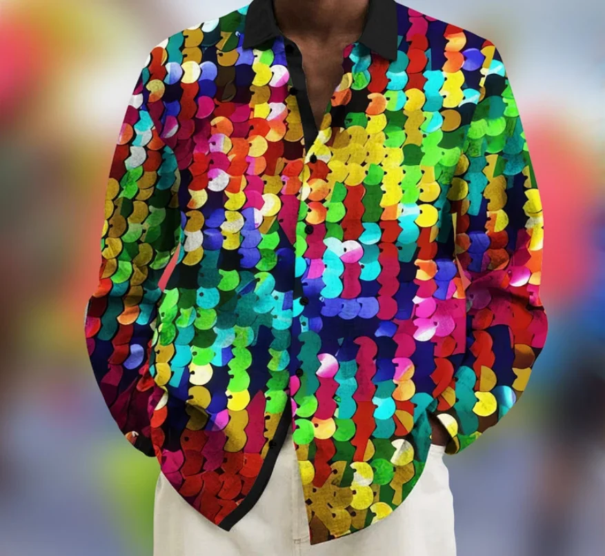 Spring and Autumn Men's Colorful Long sleeved Shirt Button Casual Carnival Daily Wear Carnival Autumn and Winter Polo Printed Bu