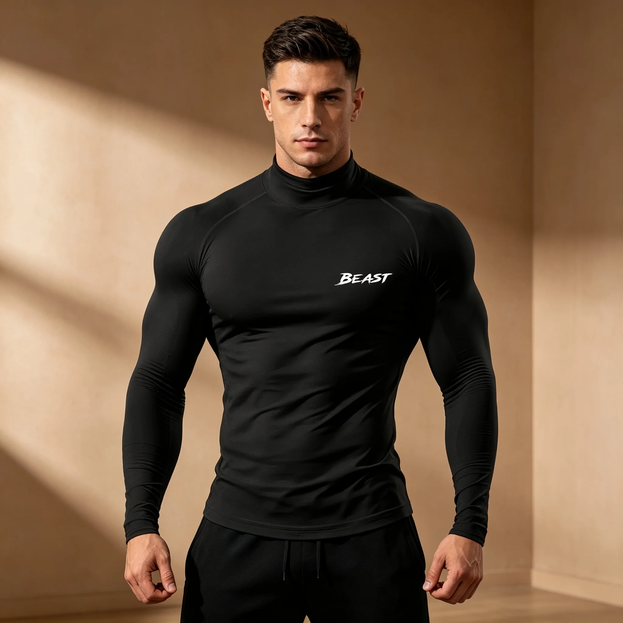 Men High Neck Compression Shirt Wolf Head Graphic Print Long Sleeve Slim Fit Gym Workout Base Layer Quick Dry Sports Fitness