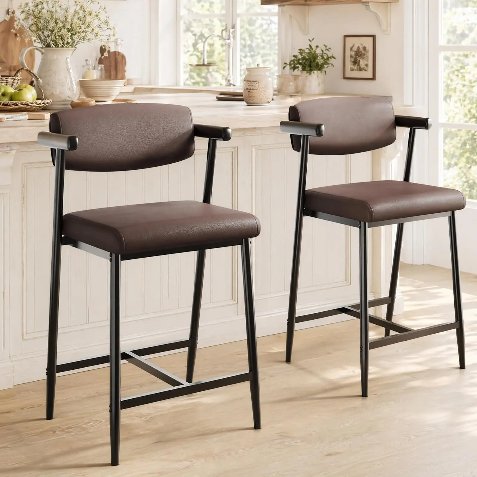 Counter Height Bar Stools Set of 2 With Arms, 26" Upholstered Bar Stools With Back, Wider Seat, Modern Bar Stools Set With Footrest for Kitchen Island,Counter Bar,Easy Assembly,Rustic Brown