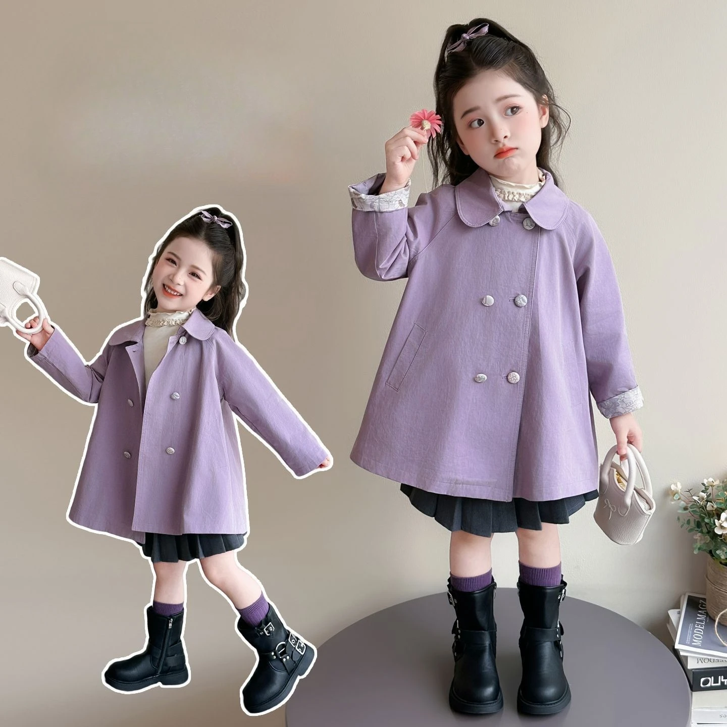 Girls Purple Trench Coat 2026 Autumn Solid Color Cotton Double Breasted Casual Jacket for Kids Ages 1-9 Years