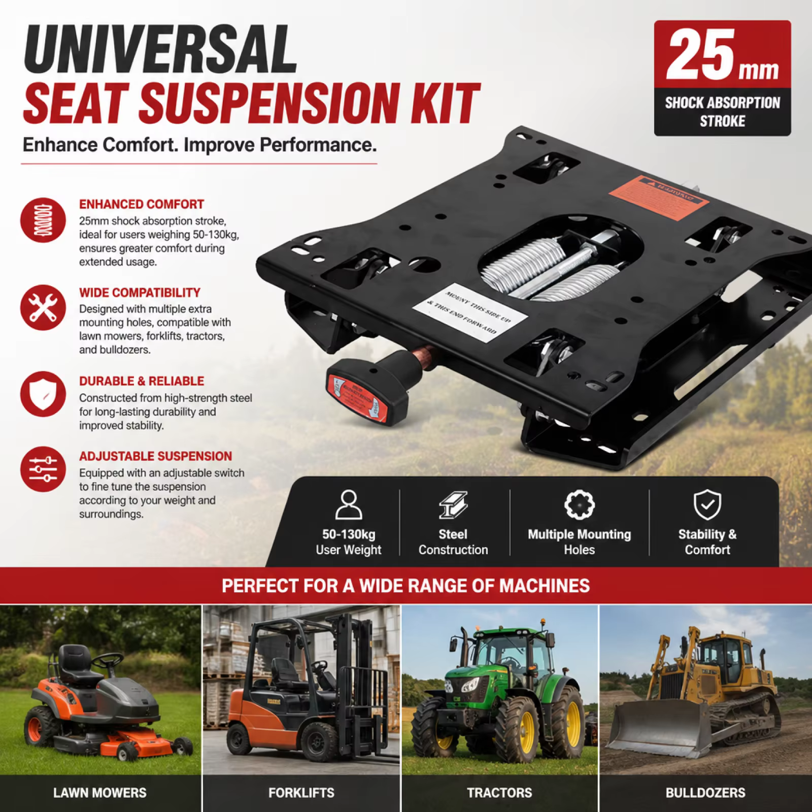 

Universal Seat Suspension Kit Adjustable Tractor Seat Attachment with Mounting Hole Easy Install for Mowers Bulldozers Forklift