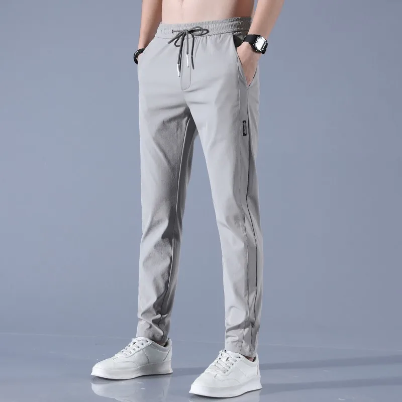 2023Men's Ice Silk Casual Trousers Summer Quick-Drying Gym Sports Pants Thin Solid Color Fashion Pocket Casual Straight Pantalon