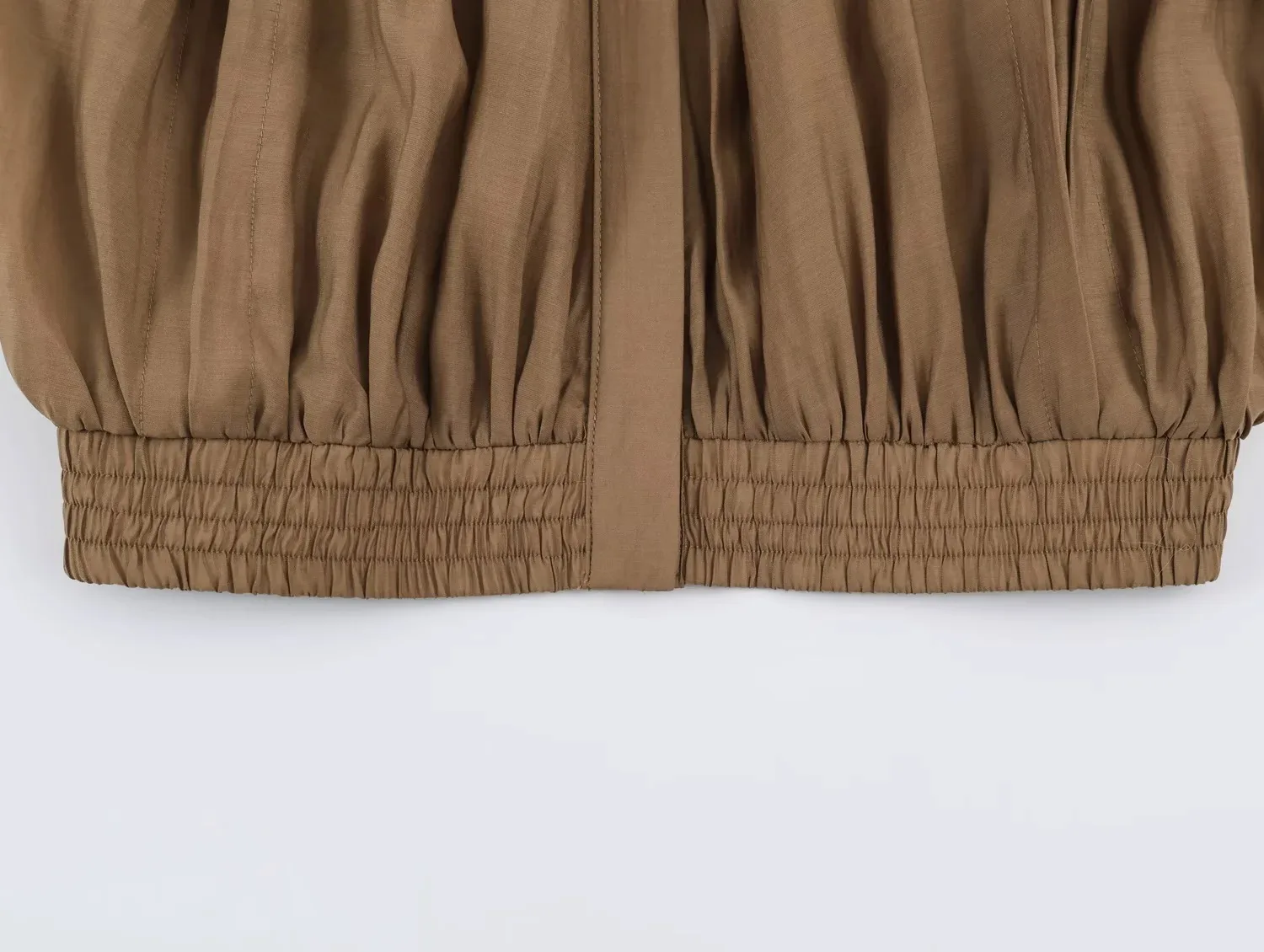 Women Autumn Brown Pleated Blouse Stand Collar Long Sleeve Loose Fit Elastic Hem Shirt Tops Vintage Chic Casual Streetwear 5