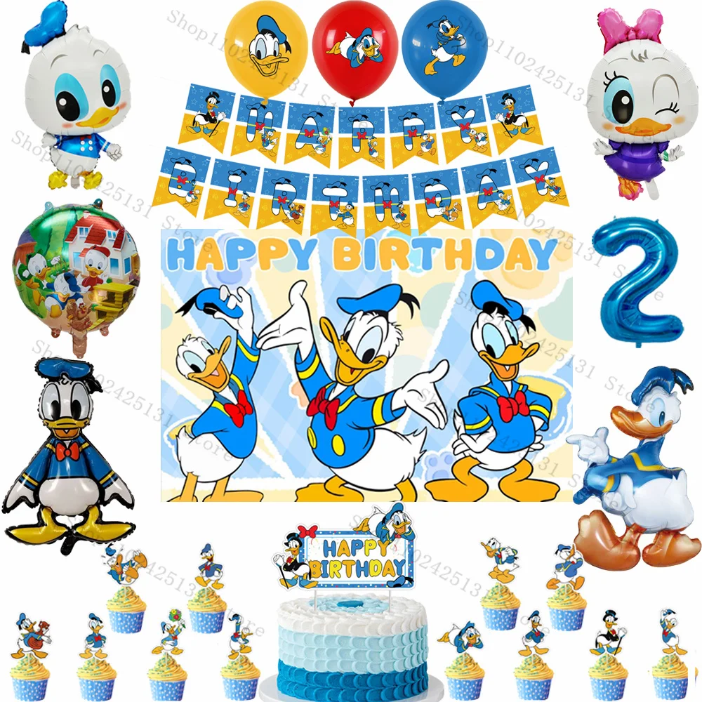 لوازم زينة حفلات أعياد الميلاد السعيدة من دونالد داك، بالونات ألومنيوم، خلفية كرتونية، لافتة علوية للكب كيك، هدية #2