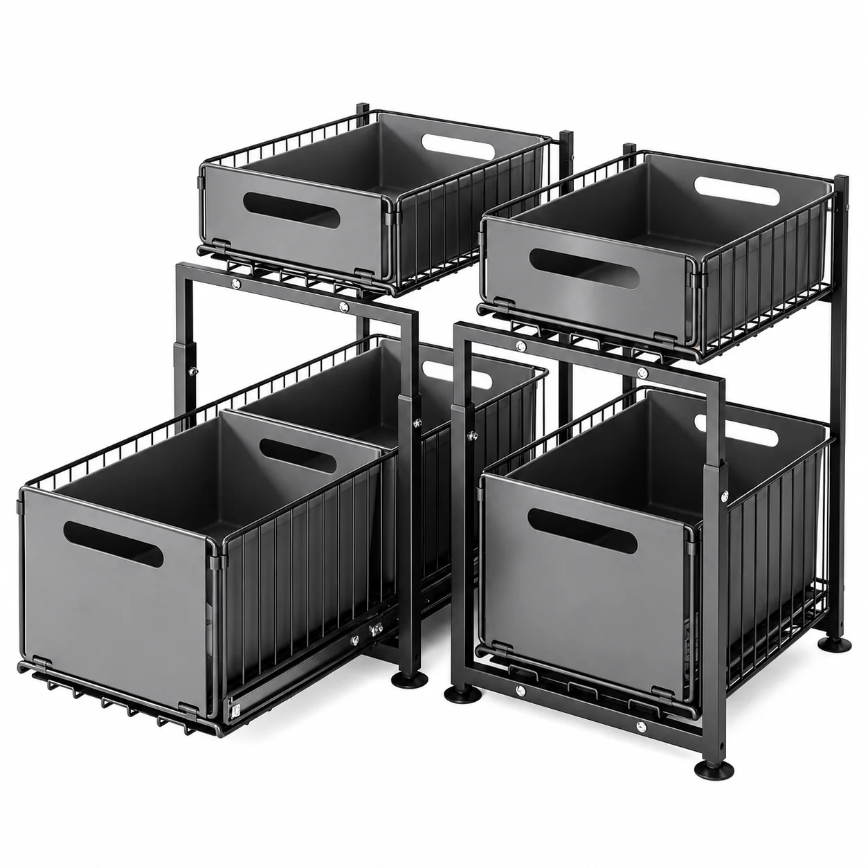 2 Tier Pull Out Cabinet Organizer, 4 Sliding Storage Bins with Metal Frame, Kitchen Pantry Storage Rack for Cabinets, Countertop & Home Organization