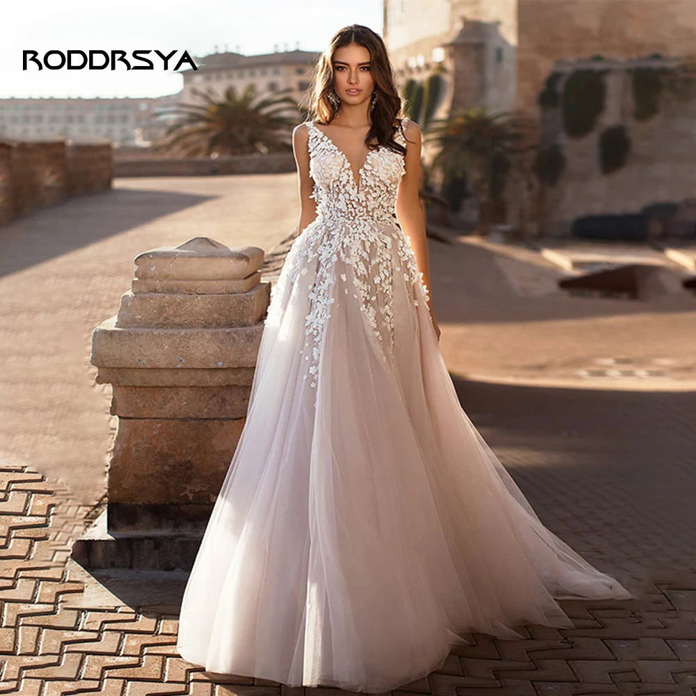 Roddrsya Strand Trouwjurken 2023 Backless 3D Bloemen Mouwloze V-hals Boho A-lijn Prinses Bruid Toga Vestido De Novia