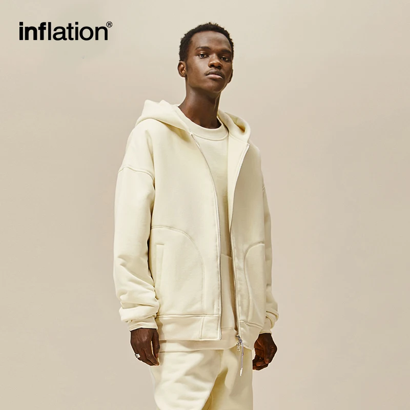 INFLATION Plain Zip Up Hoodies Men Winter Thick Polar Fleece Lined Hooded Jacket Unisex Outwear