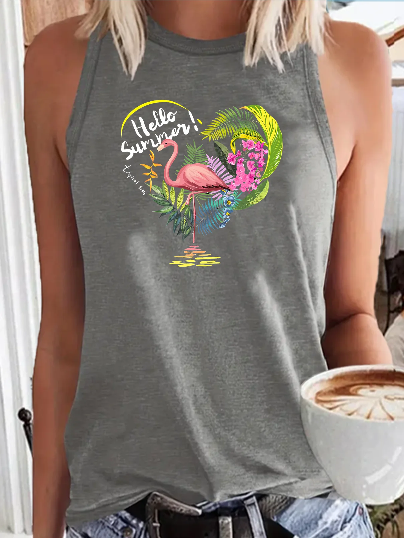 Summer Latest Hello Summer Tropical Time Flamingo Fashion Sports Women's Tank Top Loose O Neck Sleeveless Casual Tank Top