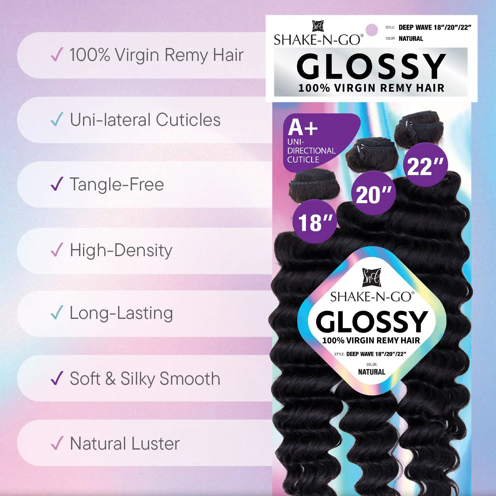 Shake-N-Go Glossy Virgin Remy Hair Weave, Onda Profunda, Brilho Natural, Volume Completo, Textura Suave, Estilo Fácil, 3 Pacotes