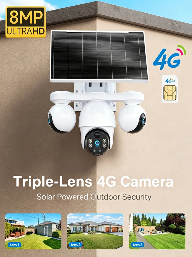 V380 Pro 4G LTE Solarbetriebene Dreifach-Objektiv-Kamera für den Außenbereich, PTZ mit Auto-Tracking, 8MP, dreifach geteilter Bildschirm, wetterfeste Überwachungskamera