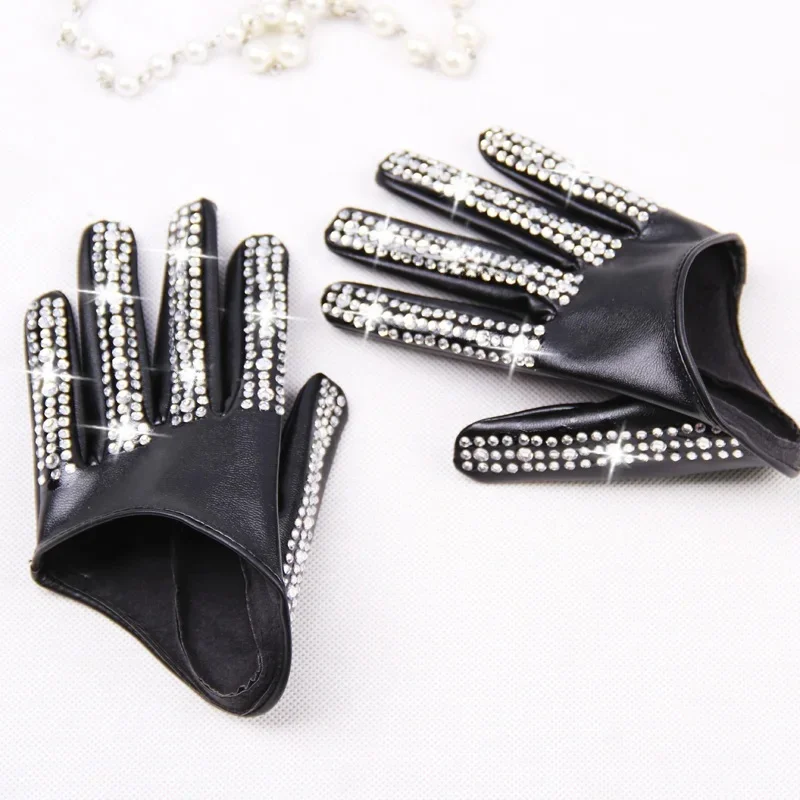 Moda damska pół dłoni rękawiczki damskie czerwone białe czarne rękawiczki ze skóry PU męskie hip-hopowe rhinestone diy rękawiczki do tańca — zdjęcie 2