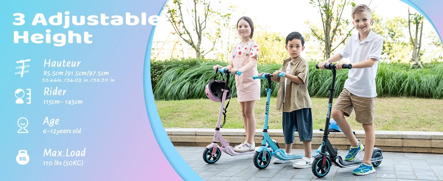 RCB R11 Kids Electric Scooter for Age 6-12, 150W Motor, 3 Speed Modes up to 9.9 mph & 5 Miles Range, 7"/6" Solid Tyres, LED Lights & Display, Bluetooth Speaker, Foldable 6.65kg, CE Certified