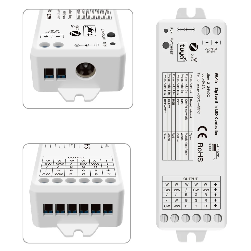 ZigBee 3.0 LED Controller 5-in-1 Tuya Smart APP Control 3A*5 Channel CCT RGB RGBW RGBWC Strip Dimmer RF 2.4G 12V 24V High Power