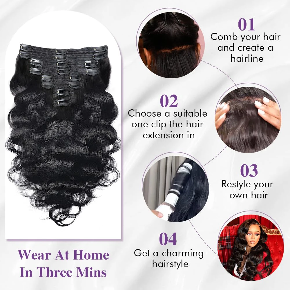 Clip In Hair Extensions Body Wave 8Pcs Clip In Human Hair Extensions Natural Black Remy Skin Weft Hair Extensions For Salon