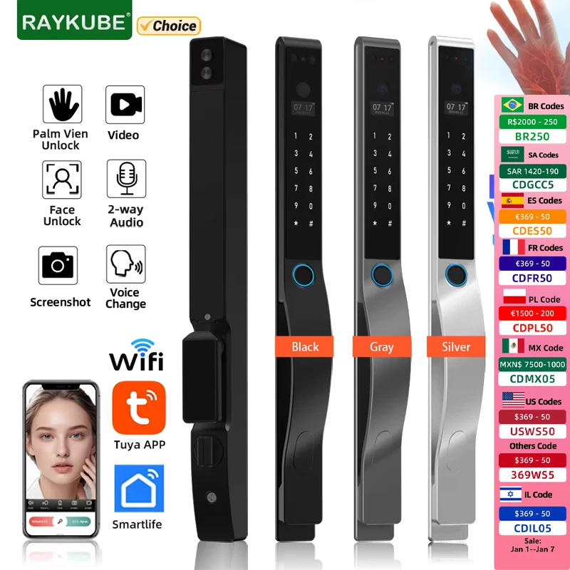 

RAYKUBE DQ10 Tuya WiFi Palm Vien Waterproof Smart Lock 3D Face Recognition Digital Fingerprint Lock With APP Video Call Unlock