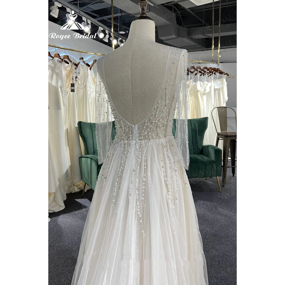 Pearls Beading Boho Wedding Dress 2023 Robe Mariee Scoop Neck Deep V Bridal Reception Gown Sexy Tulle Beach Wedding Dresses