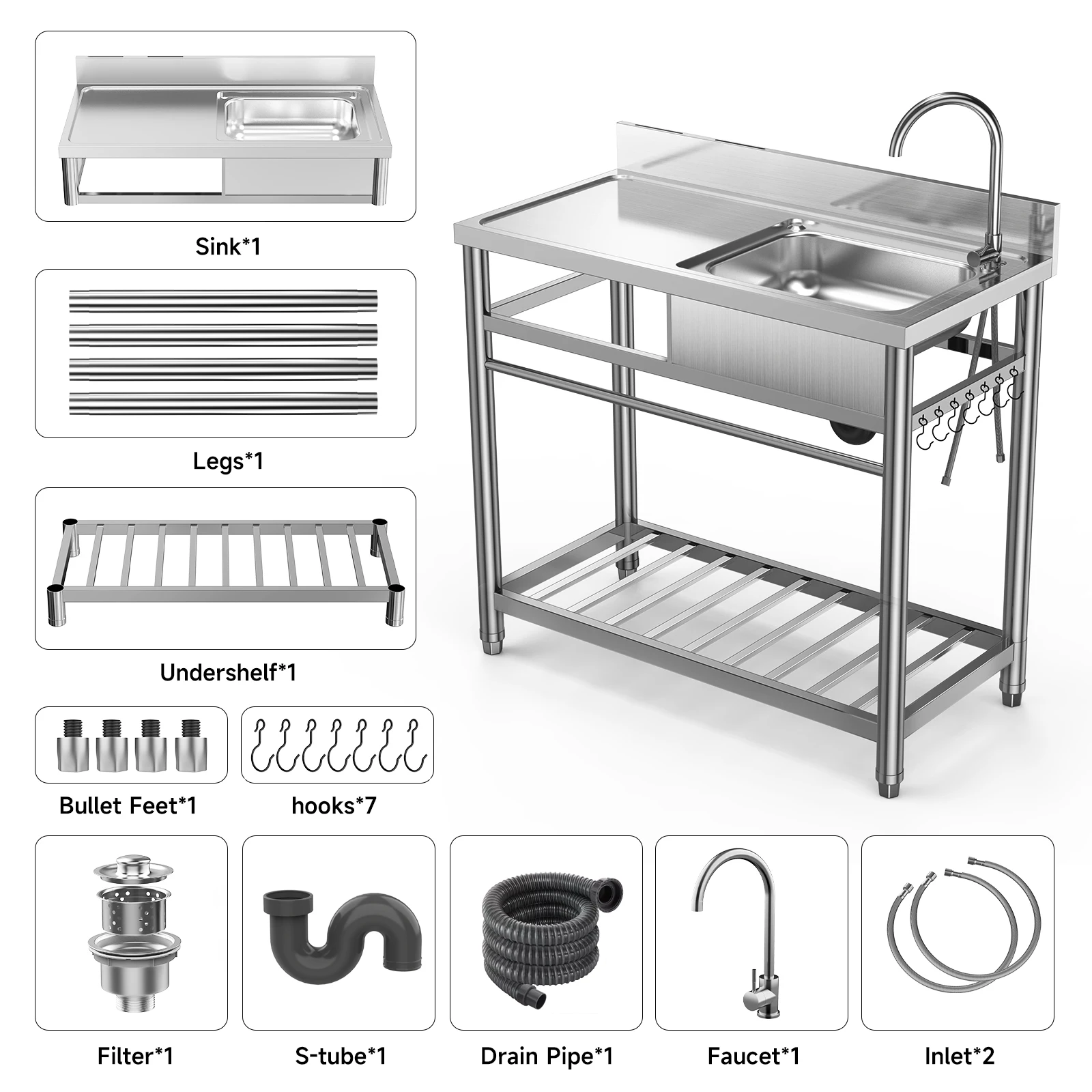 Stainless Steel Utility Sink 1 Compartment Free Standing Small Sink with Workbench, 20"D x 39"W Commercial Single Bowl Sinks