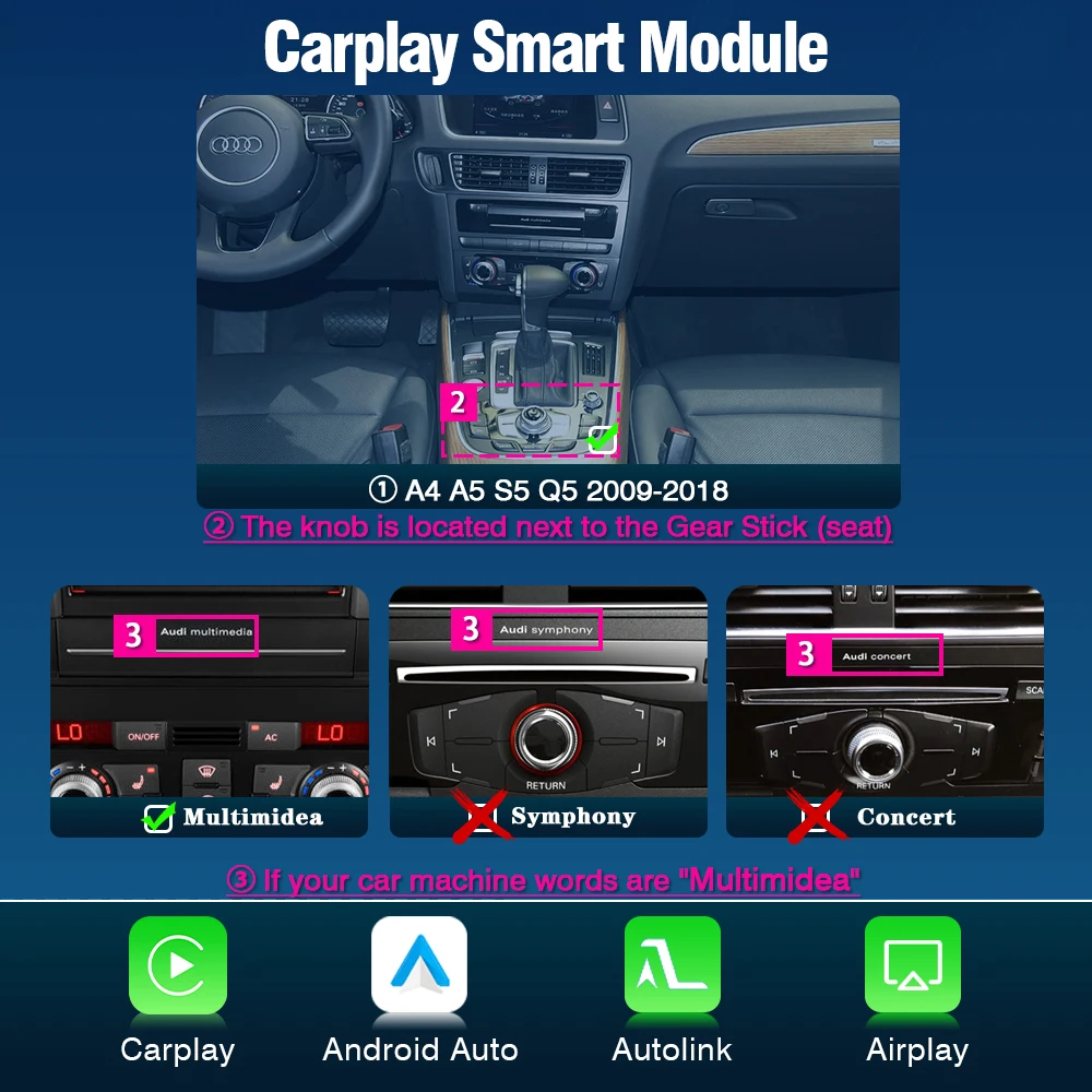 AUTOTOP Draadloze CarPlay Android Auto Interface Multimedia voor Audi A4 B8 A5 Q5 S5 2009-2018 MMI 3G AirPlay Achteruitrijcamera