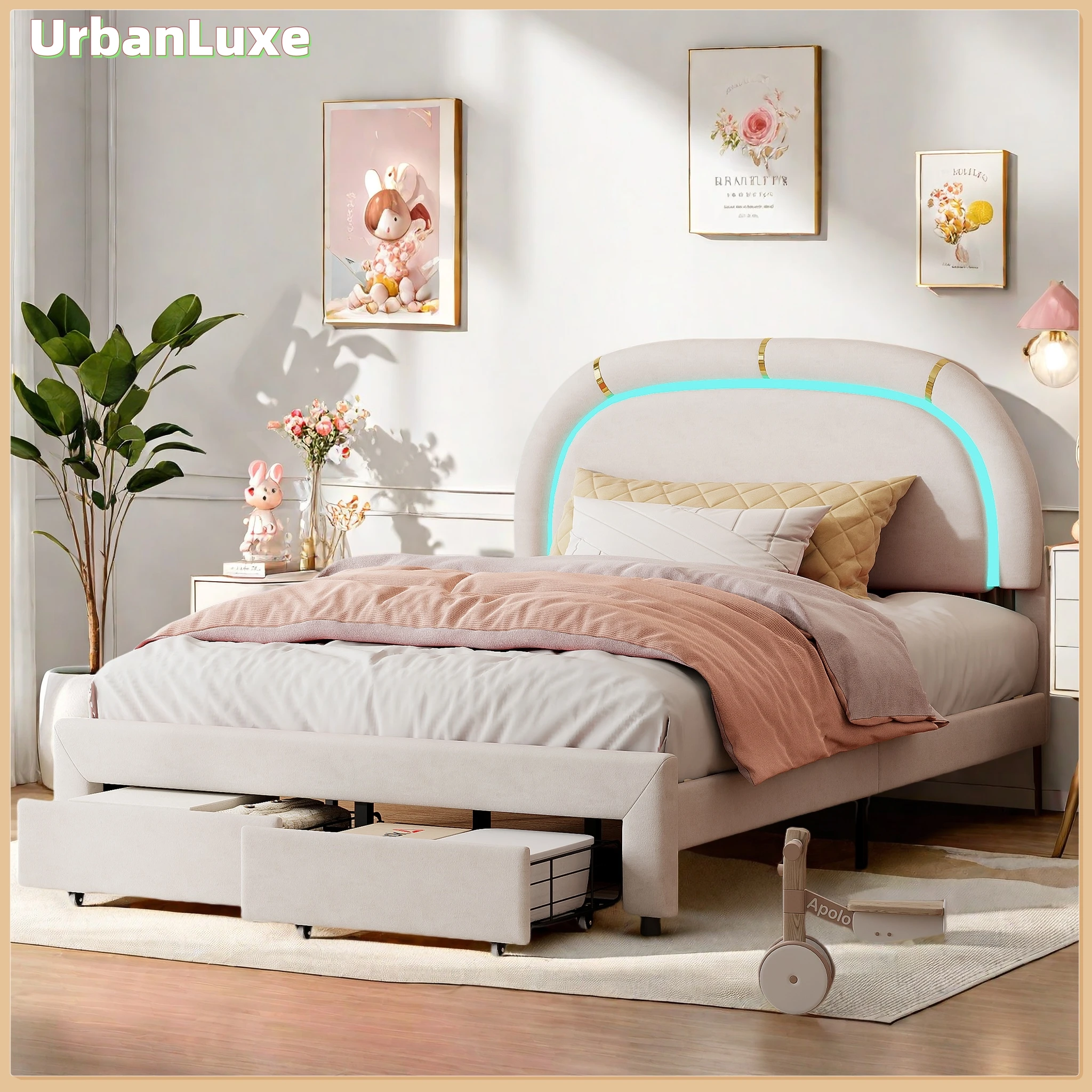 UrbanLuxe Letto imbottito 140x200 cm con 2 cassetti, letto con contenitore, letto singolo, rete a doghe, flanella beige