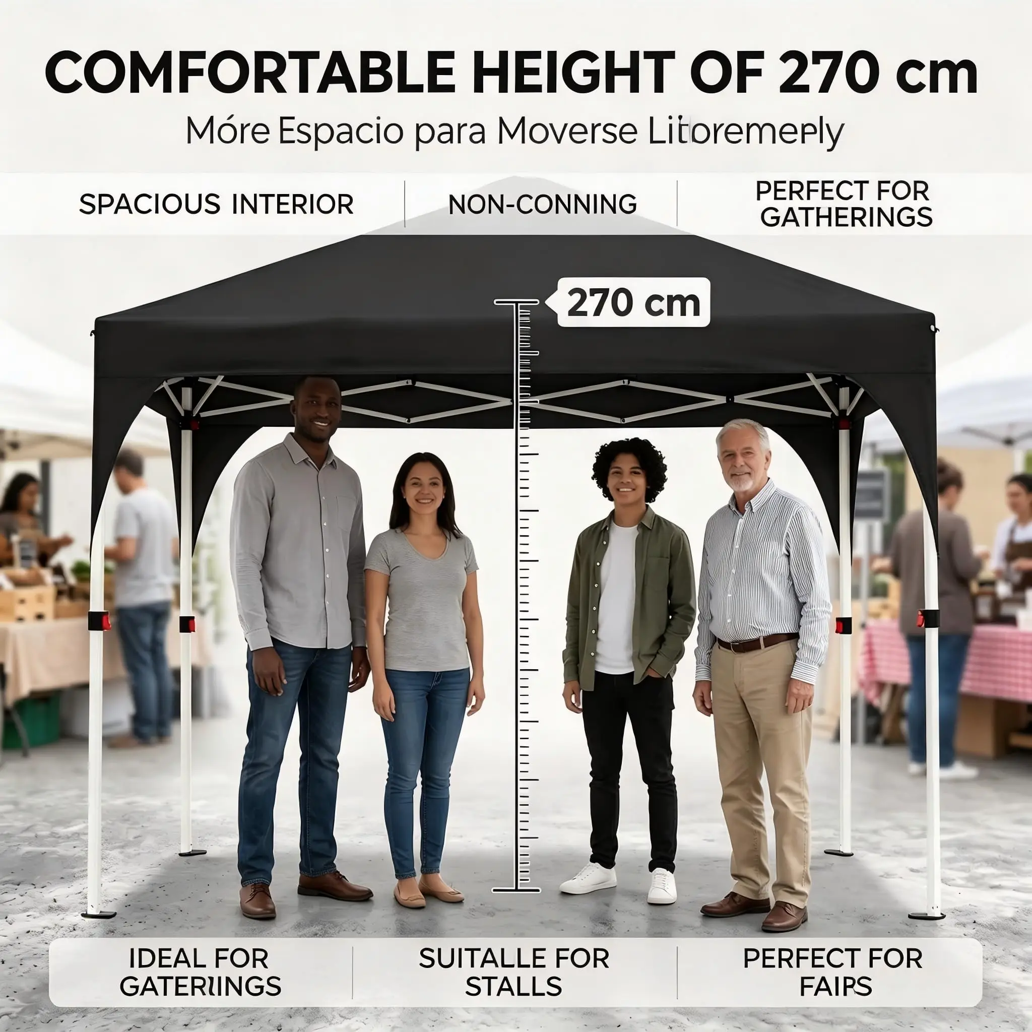 Structure pliante commerciale 3x3 m en tissu Oxford 150D avec fenêtres, modèle Église Européenne, Château Central, hauteur 270 cm, sans rideaux latéraux pour jardin et événements - Noir