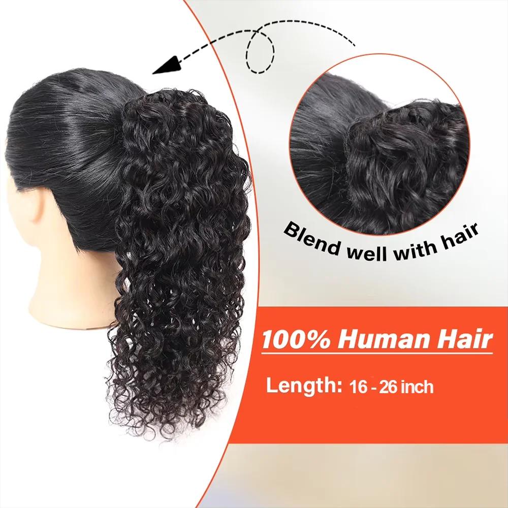 موجة عميقة الشعر البشري الرباط ذيل حصان موجة عميقة الرباط ذيل حصان # 1B أسود طبيعي للنساء وصلة شعر بشري على شكل ذيل حصان #5