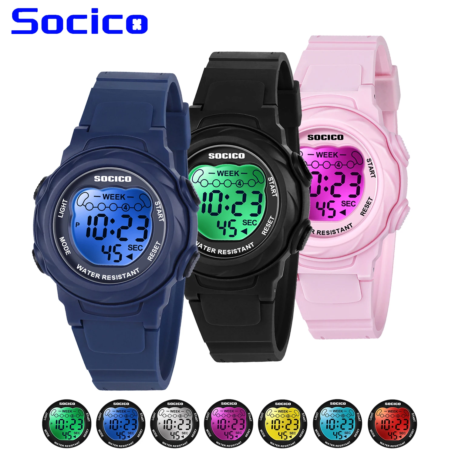 SOCICO Relojes digitales para niños y niñas, reloj de pulsera con banda suave resistente al agua con luces de 7 colores, regalos de Navidad para niños de 5 a 12 años
