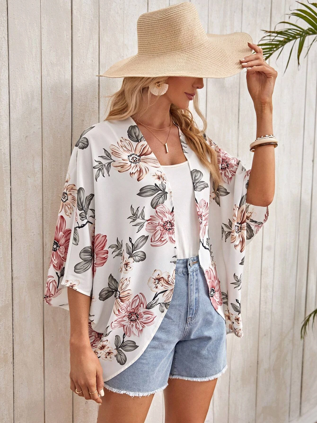 

Women's Floral Print Batwing Sleeve Open Front Blouse, Casual 3/4 Sleeve Top for Summer, Women's Clothing for Daily Wear, Shirts