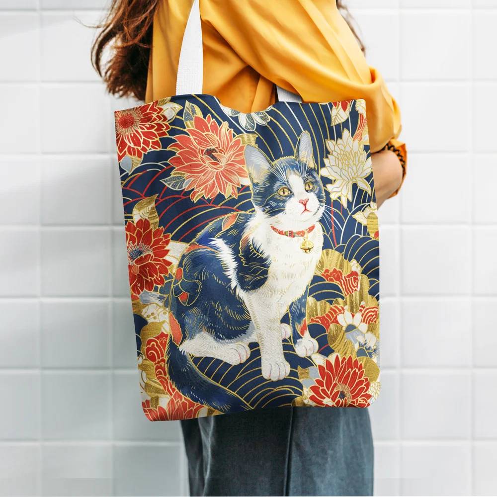 Bolso de mano con estampado floral de gato, bolso de hombro escolar de lona estética, bolso de compras ligero para compras de comestibles