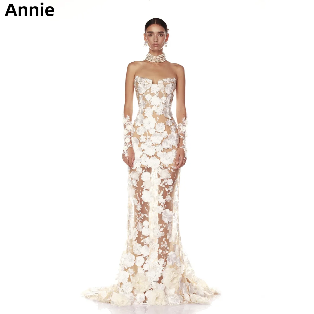 

Annie Gorgeous White Prom Dresses Tulle Embroidery 3D Flowers Evening Dresses Mermaid Elegant Lady Party Dresses فساتين سهرة