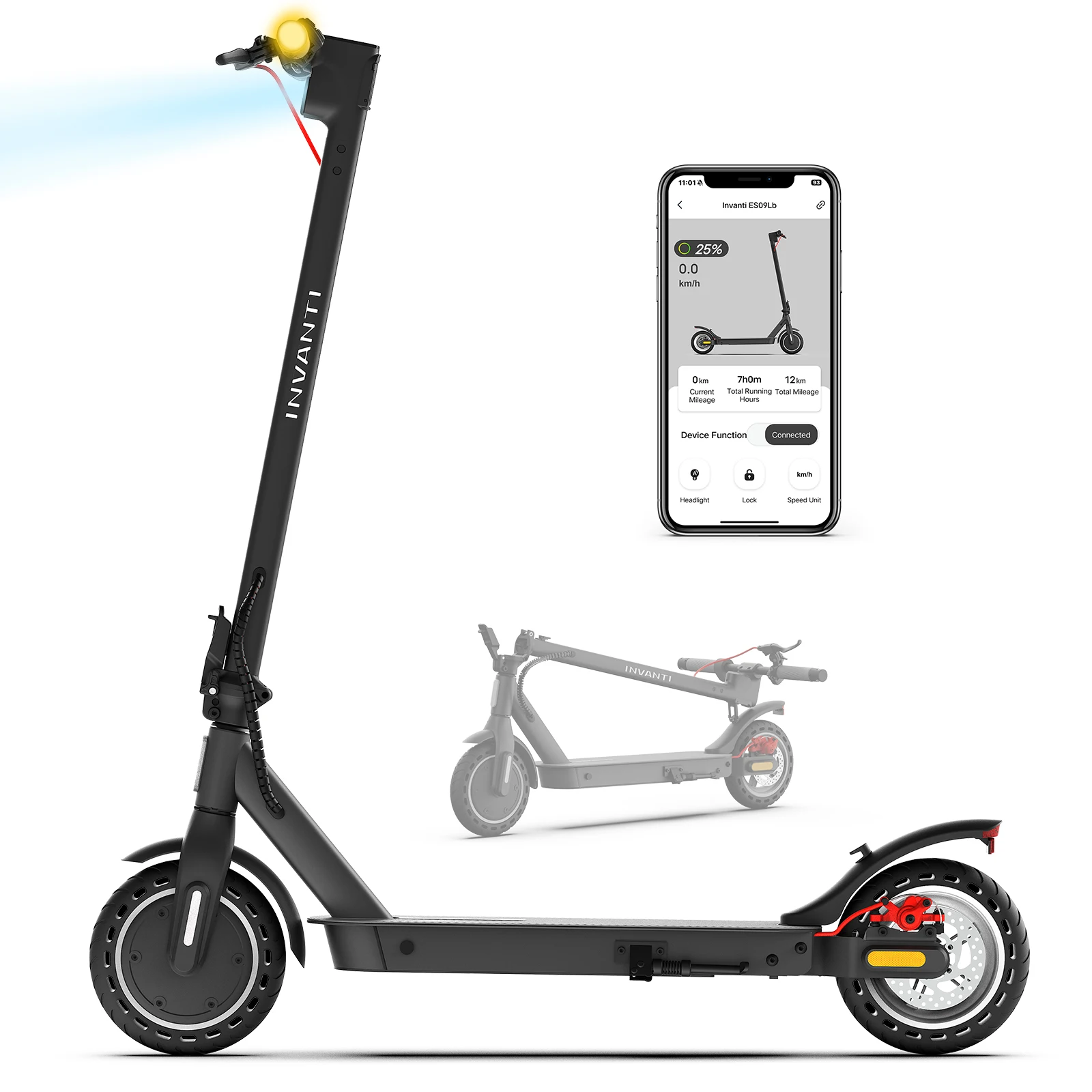 INVANTI Electric Scooter 350W Motor, 25km/h Speed, 32km Range, 8.5" Solid Tires, Dual Suspension, Foldable, APP, Dual Brakes