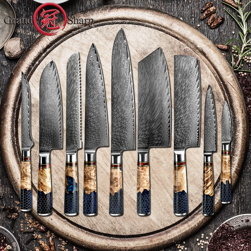 Damascus Knife Set  Japanese Steel Chef Kitchen Knives Santoku Paring Boning Bread Knife Butcher Tools Honeycomb Handle NEW